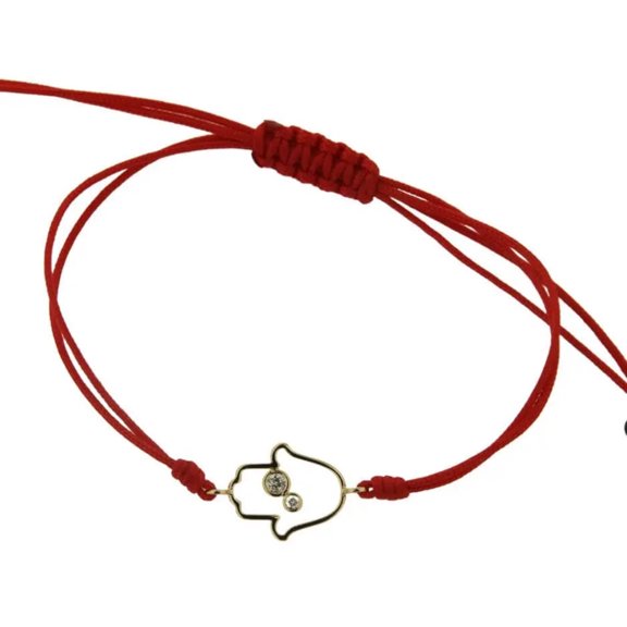 18K Solid Yellow Gold Diamond Hamsa Hand Red Macram Adjustable bracelet
