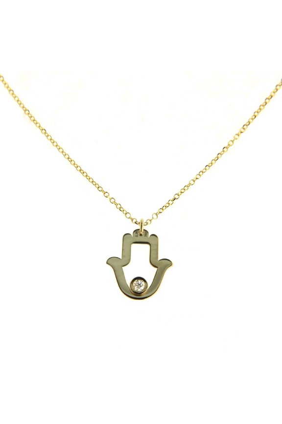 18K Solid Yellow Gold Diamond Hamsa Necklce 16.50 inches