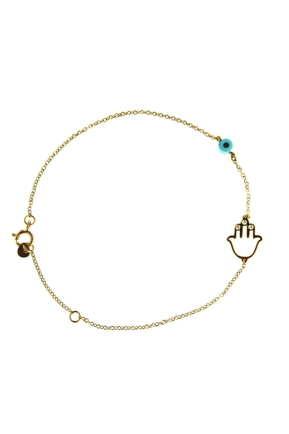 18K Solid Yellow Gold Diamond Hamsa with Blue Evil Eye Bracelet 7 inches