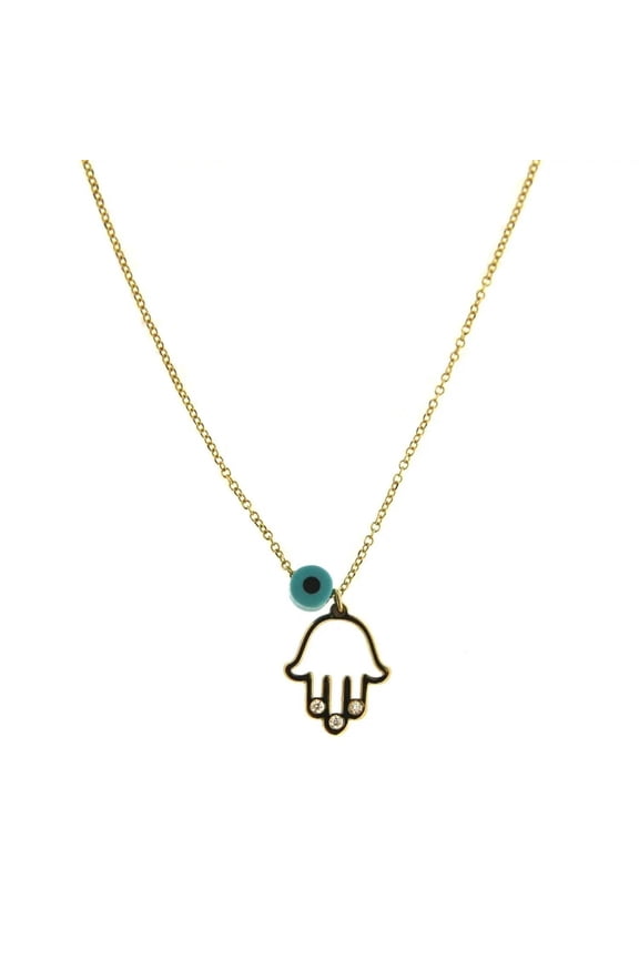 18K Solid Yellow Gold Diamond Open Hamsa Hand with Blue evil Eye Necklace
