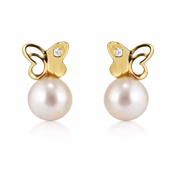 18K Solid Yellow Gold Diamond and Pearl Polished Butterfly Covered Screwback Earrings