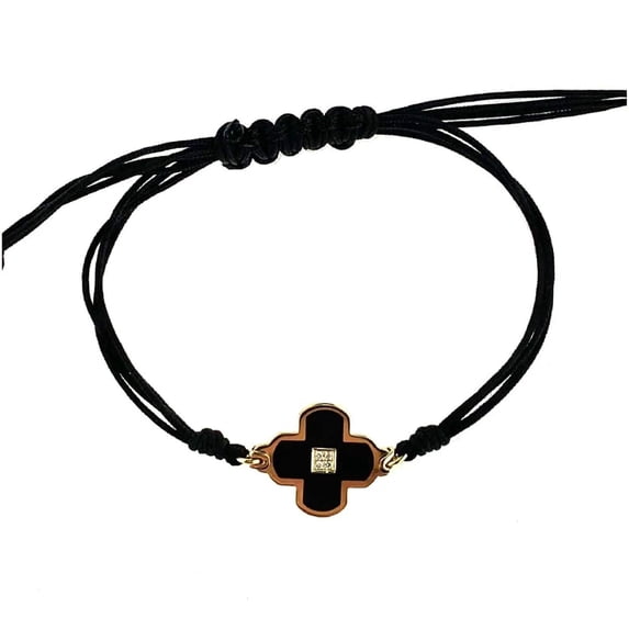 18K Solid Yellow Gold Diamonds and Black Corian Cross Adjustable Bracelet