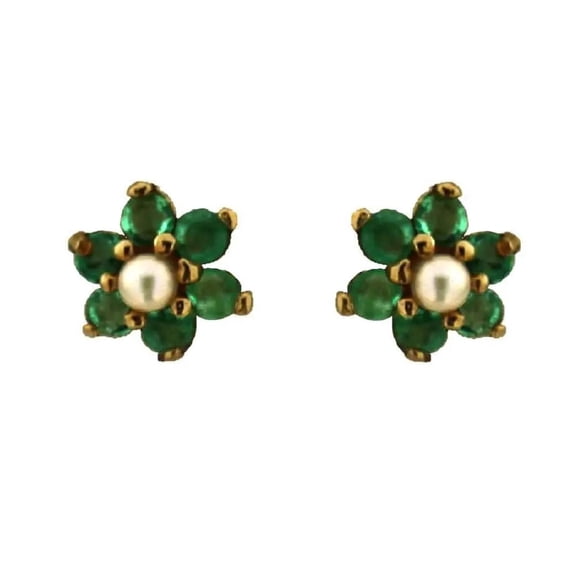 18K Solid Yellow Gold Emerald Flower with Pearl Center Covered Screwback Earrings