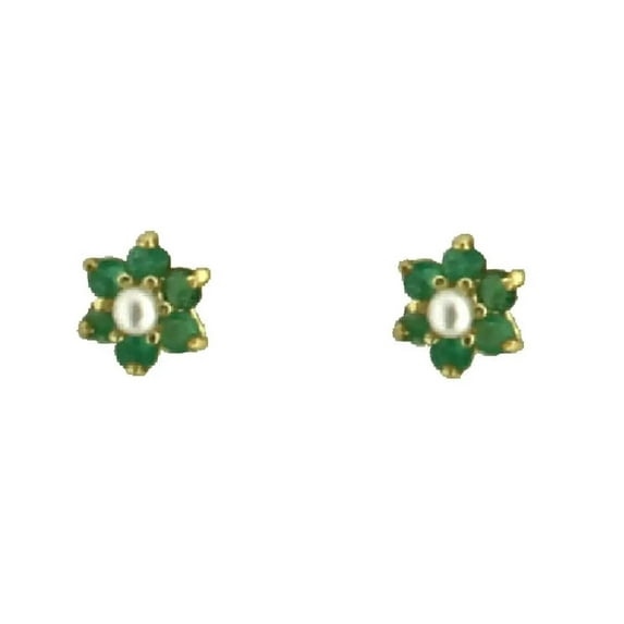 18K Solid Yellow Gold Emerald Pearl Center Flower Covered Screwback Earrings