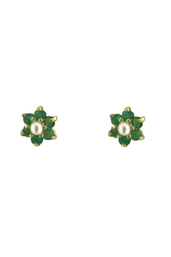 18K Solid Yellow Gold Emerald Pearl Center Flower Covered Screwback Earrings