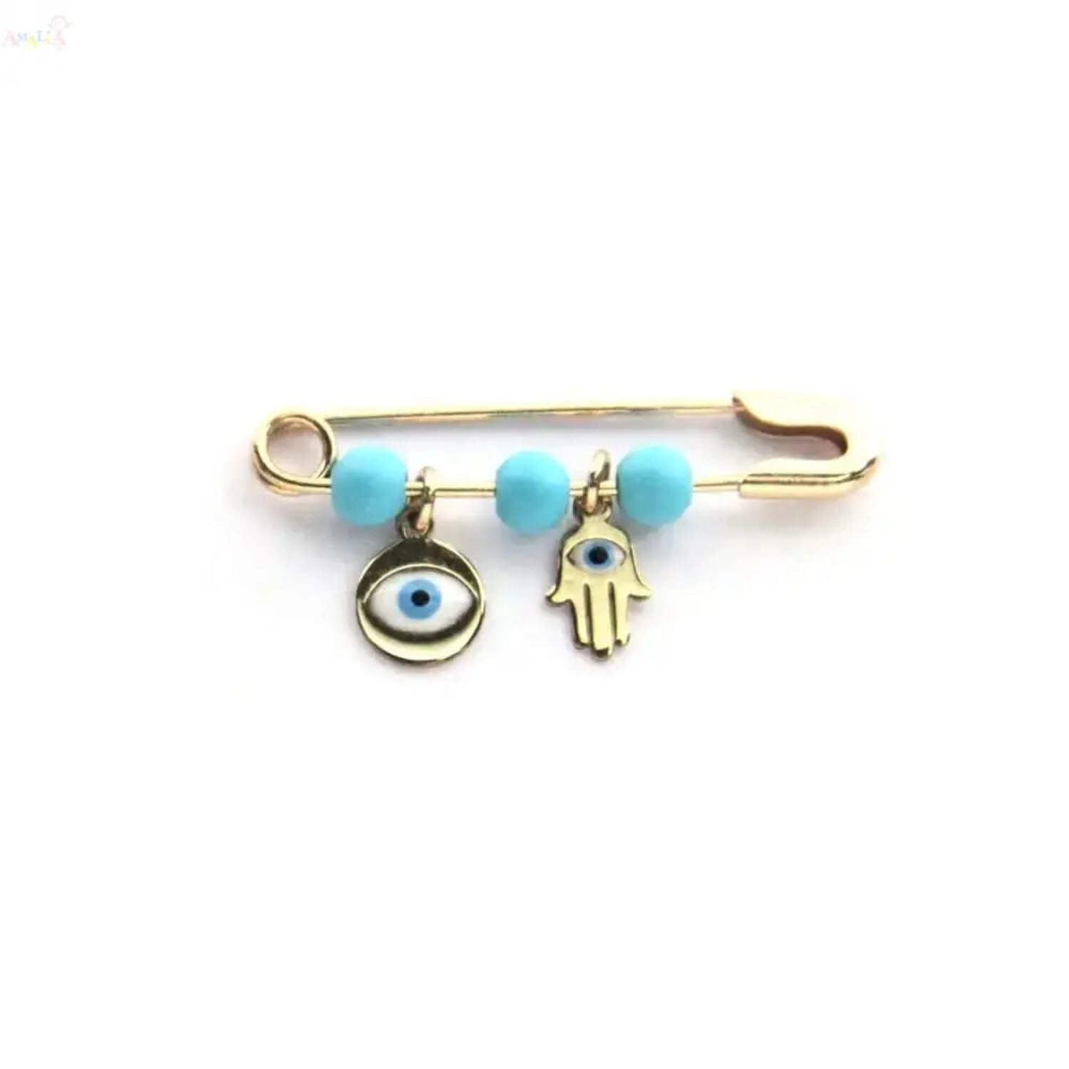 18K Solid Yellow Gold Enamel Hamsa Hand and Evil Eye Turquoise Safety Pin