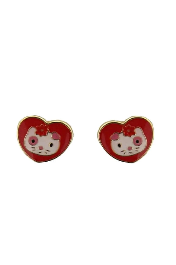 18K Solid Yellow Gold Enamel Kitty Face Heart Shape Covered Screwback Earrings
