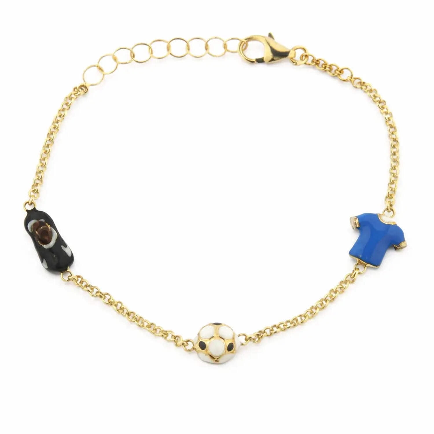 18K Solid Yellow Gold Enamel Soccer Blue Jersey Soccer Ball and Soccer Black Cleats Bracelet