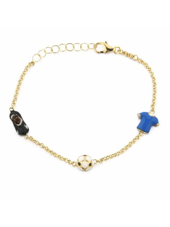 18K Solid Yellow Gold Enamel Soccer Blue Jersey Soccer Ball and Soccer Black Cleats Bracelet