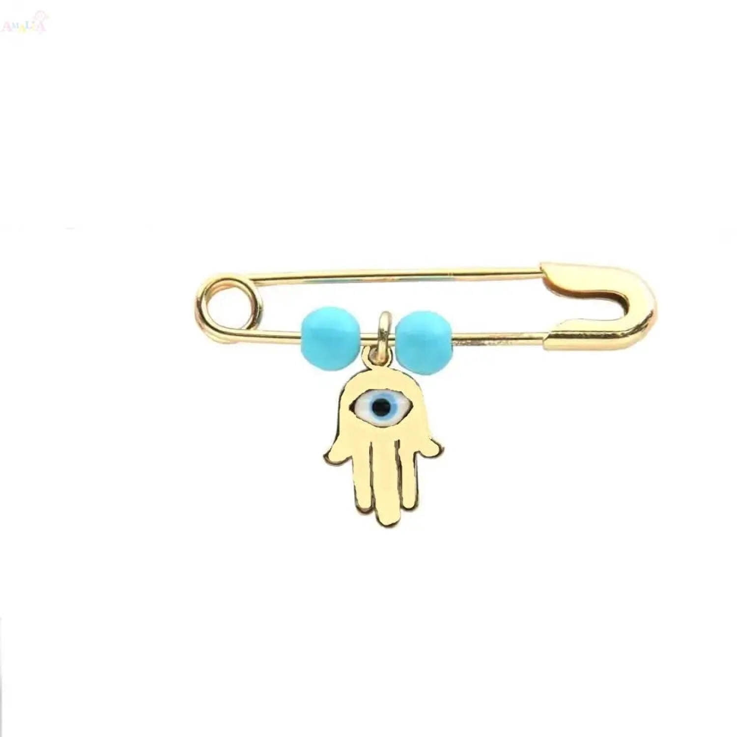 18K Solid Yellow Gold Enamel evil eye Hamsa Fatima Hand and Turquoise paste beads Safety Pin