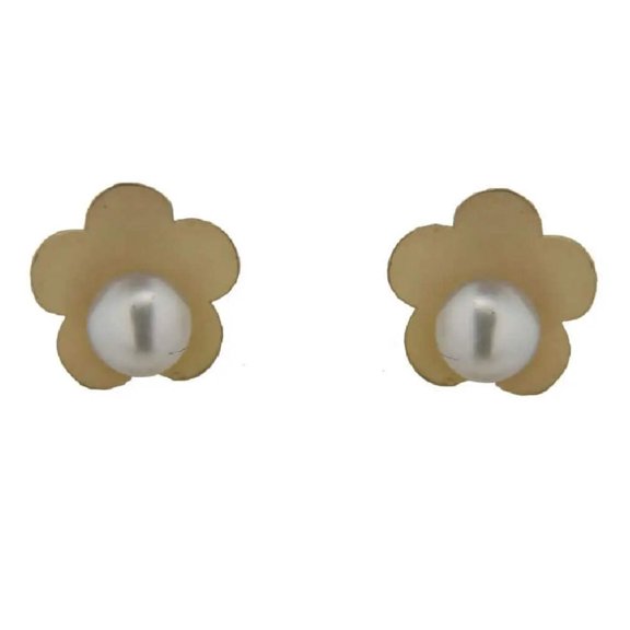 18K Solid Yellow Gold Flower With Pearl On the Side Covered Screwback Earring