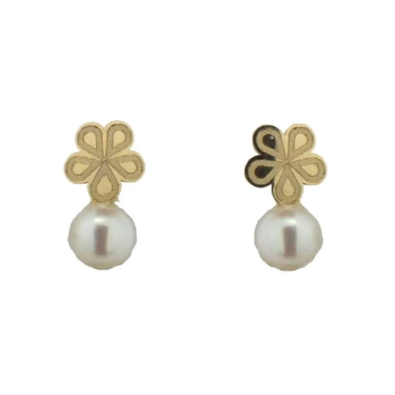 18K Solid Yellow Gold Flower with Pearl Covered Screwback Earrings