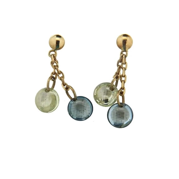 18K Solid Yellow Gold Green & Blue Crystal Dangle Screwback Earrings