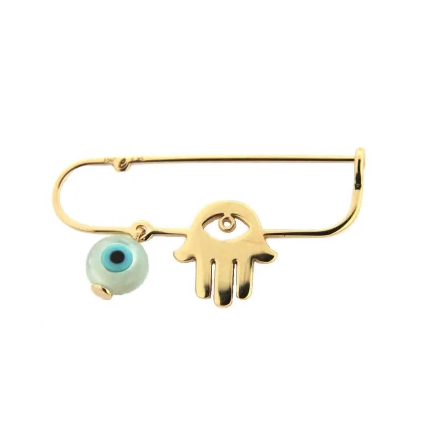 18K Solid Yellow Gold Hamsa Hand and Evil Eye Safety Pin