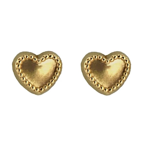 18K Solid Yellow Gold Heart with a Bordered Outline of Small Dots covered screwback Earrings