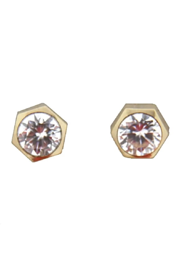 18K Solid Yellow Gold Hexagonal Cubic Zirconia Stud Screwback Earrings