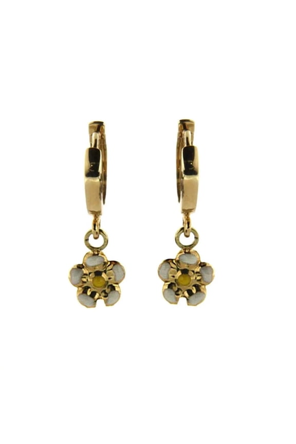 18K Solid Yellow Gold Hinge Hoop Huggie Earrings with White Enamel Flower