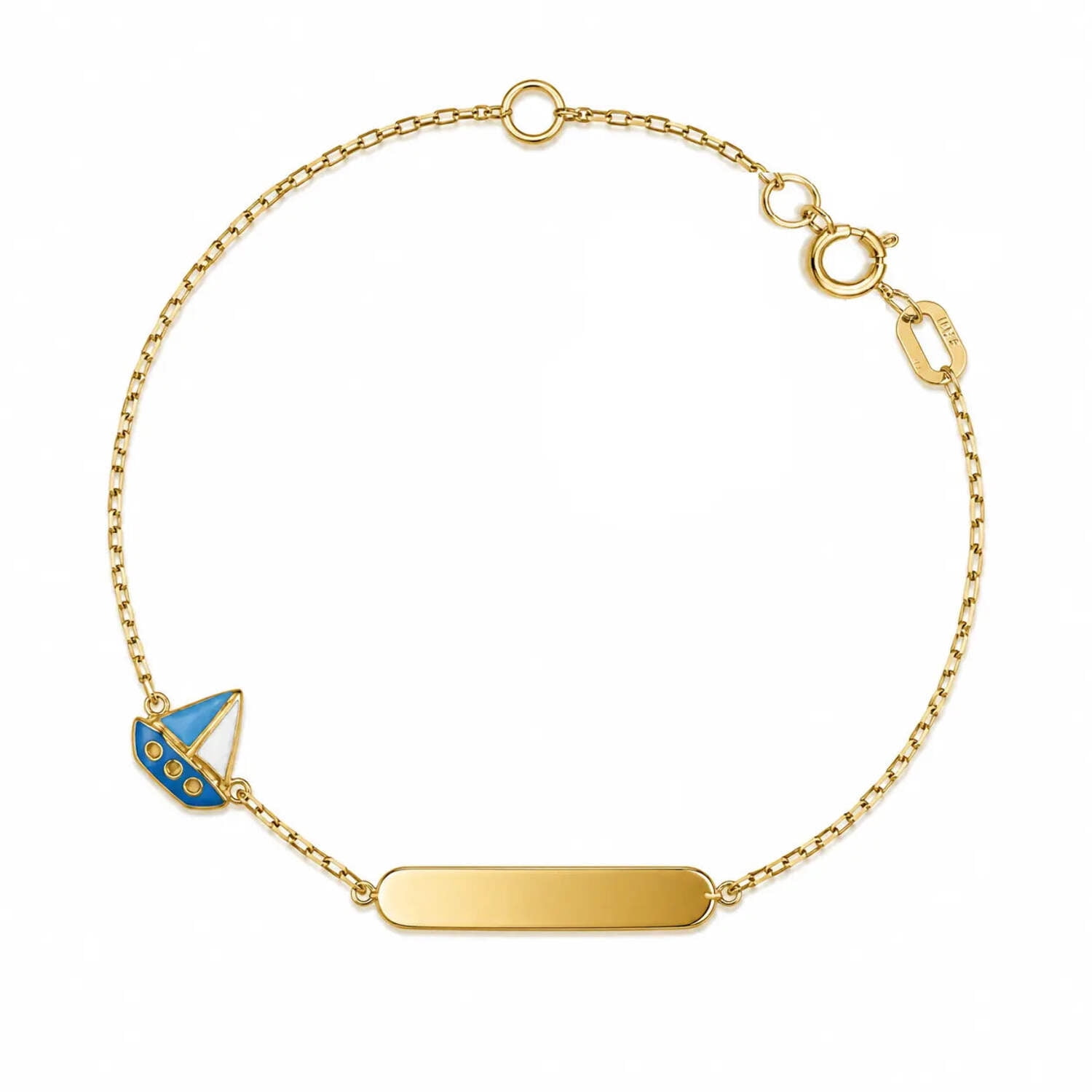 18K Solid Yellow Gold Light blue and white Enamel Sail Boat Id Bracelet 5.5 inches with extra ring at 4.75 inches