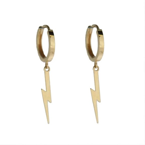 18K Solid Yellow Gold Lightning Bolt Dangling Hinged Hoop Huggie Earrings