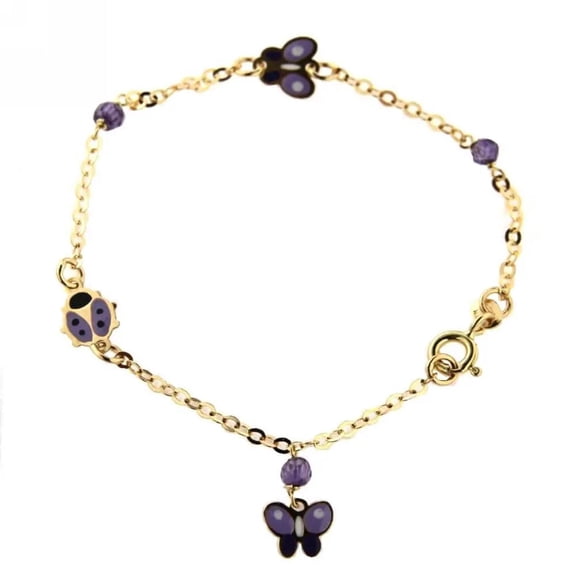 18K Solid Yellow Gold Lilac Enamel Butterfly and Lady Bug Bracelet