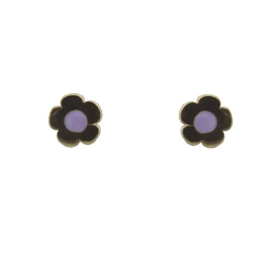 18K Solid Yellow Gold Lilac Enamel Flower Post Earrings