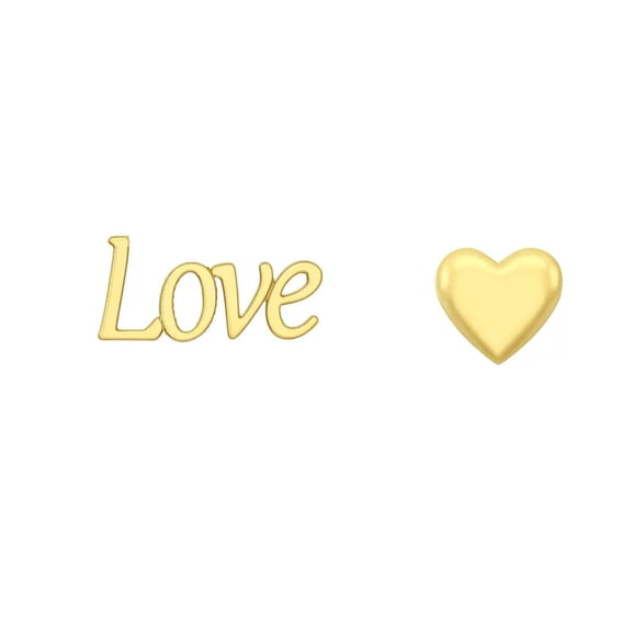 18K Solid Yellow Gold Love and Heart Post Earrings.