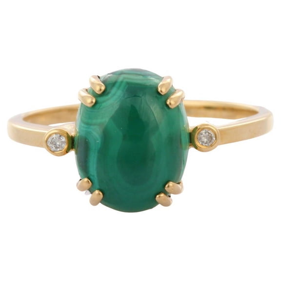 18K Solid Yellow Gold Malachite Statement Ring- Oval Cut Gemstone & Diamond Proposal Ring