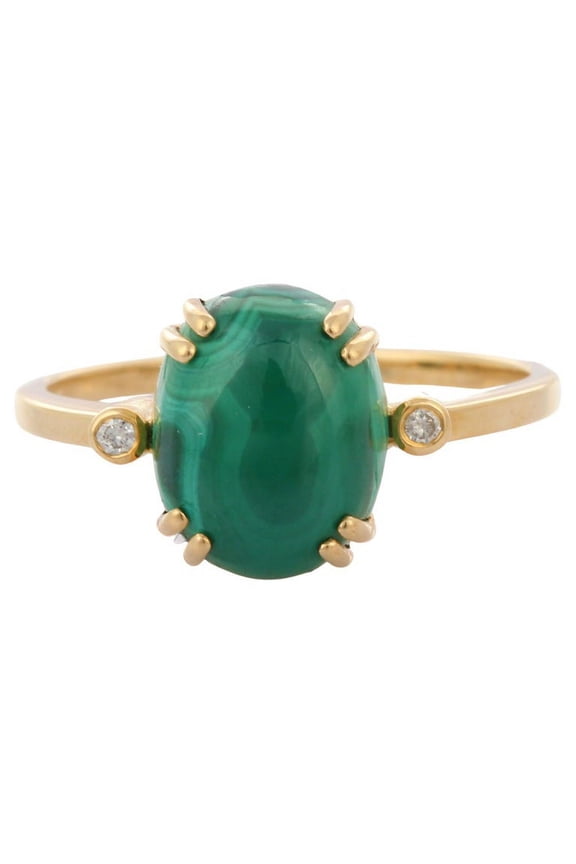 18K Solid Yellow Gold Malachite Statement Ring- Oval Cut Gemstone & Diamond Proposal Ring