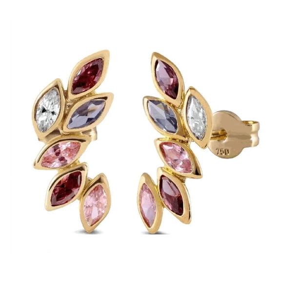18K Solid Yellow Gold Marquise Multicolors Zirconias Crawler Post Earrings