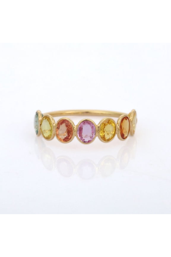 18K Solid Yellow Gold Multi Sapphire Half Eternity Band- Minimalist Gemstone Ring