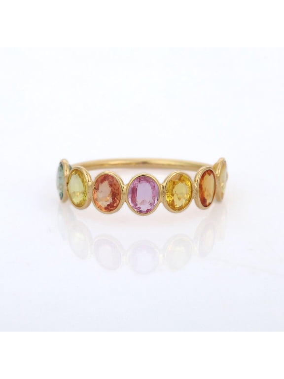 18K Solid Yellow Gold Multi Sapphire Half Eternity Band- Minimalist Gemstone Ring