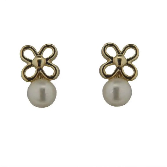 18K Solid Yellow Gold Open Flower  and cultivated Pearl covered Screwback Earrings