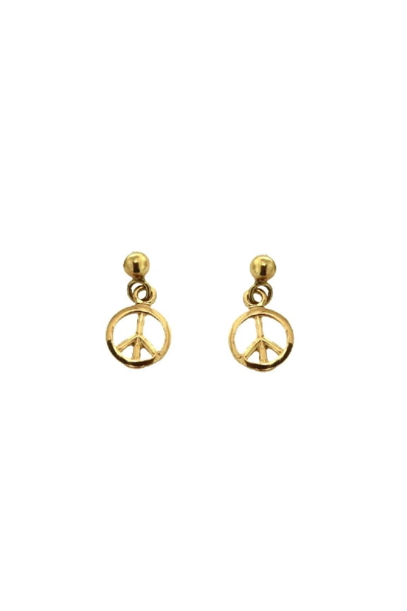18K Solid Yellow Gold Peace Sign Post Dangle Earrings