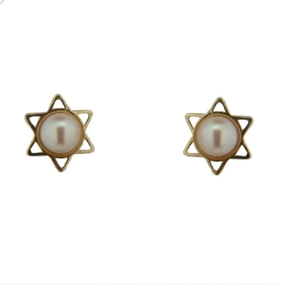 18K Solid Yellow Gold Pearl Open Star of David Covered Screwback Earrings