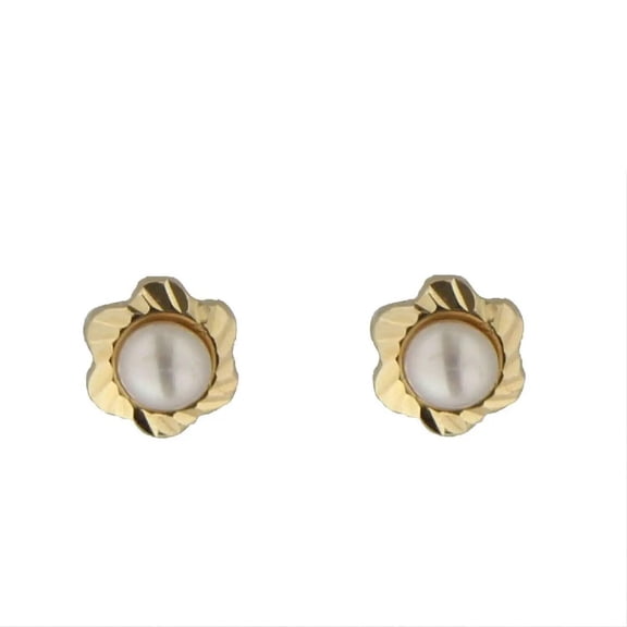18K Solid Yellow Gold Pearl Small Flower Diamond cut border Covered Screw back Earrings