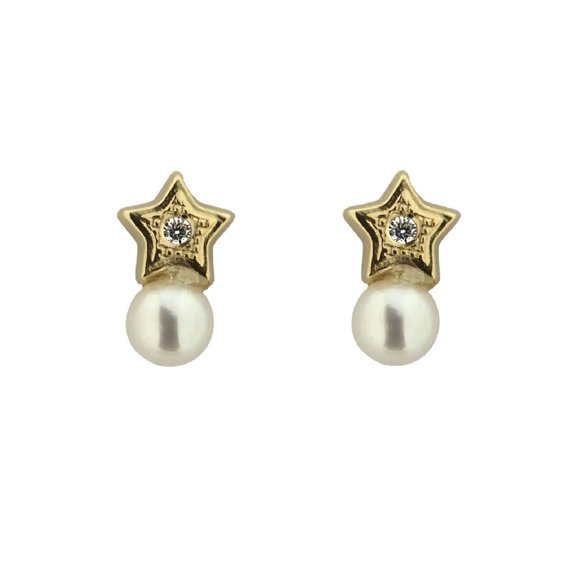 18K Solid Yellow Gold Pearl Star and Zirconia Covered Screwback Earrings