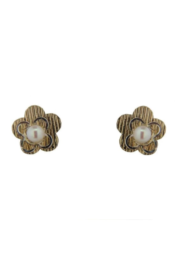 18K Solid Yellow Gold Pearl and Flower Screwback Earrings