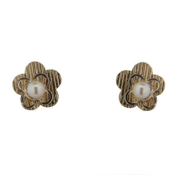 18K Solid Yellow Gold Pearl and Flower Screwback Earrings
