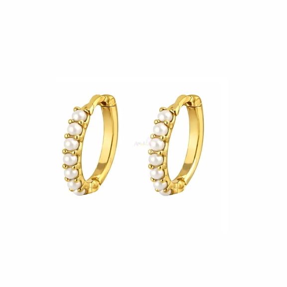 18K Solid Yellow Gold Pearls thin Hinge Huggie Hoop Earrings