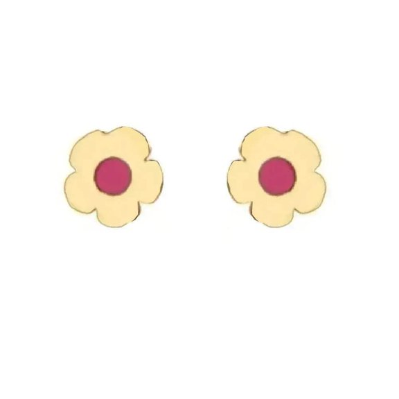 18K Solid Yellow Gold Pink Enamel Flower Post Earrings