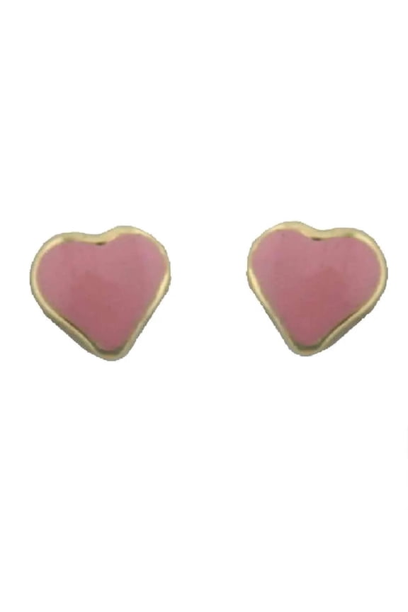 18K Solid Yellow Gold Pink Enamel Heart covered screwback earrings