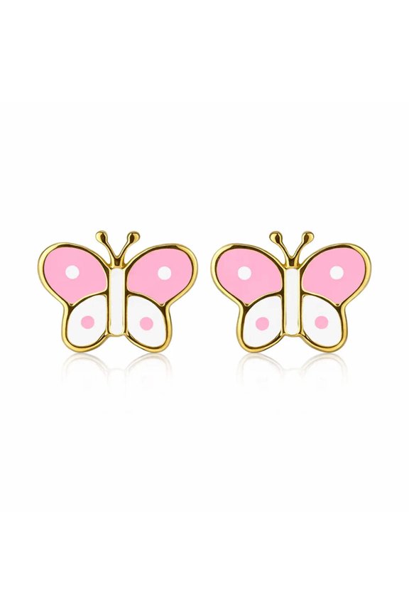 18K Solid Yellow Gold Pink and White Enamel Butterfly Covered Screwback Earrings