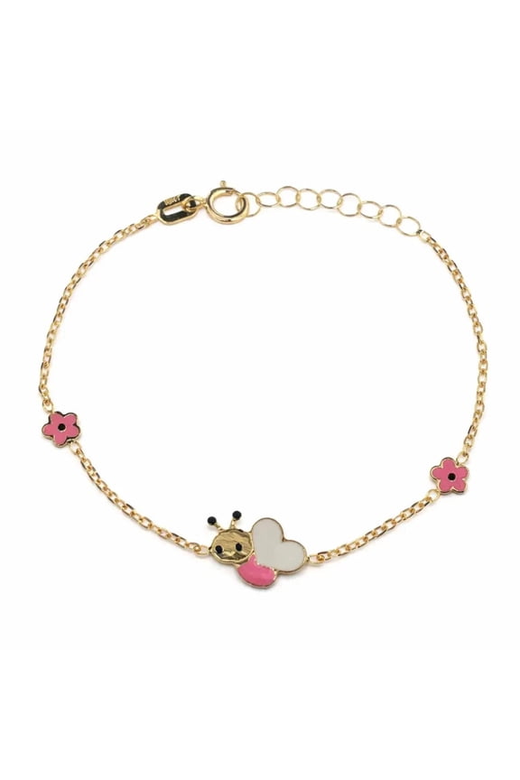 18K Solid Yellow Gold Pink and White Heart shape Bumble Bee Bracelet