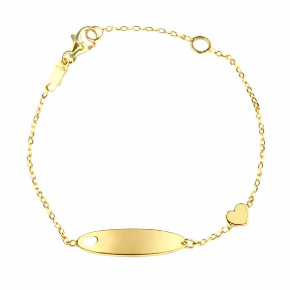 18K Solid Yellow Gold Polished Heart and Cut Out Heart Oval Id Bracelet