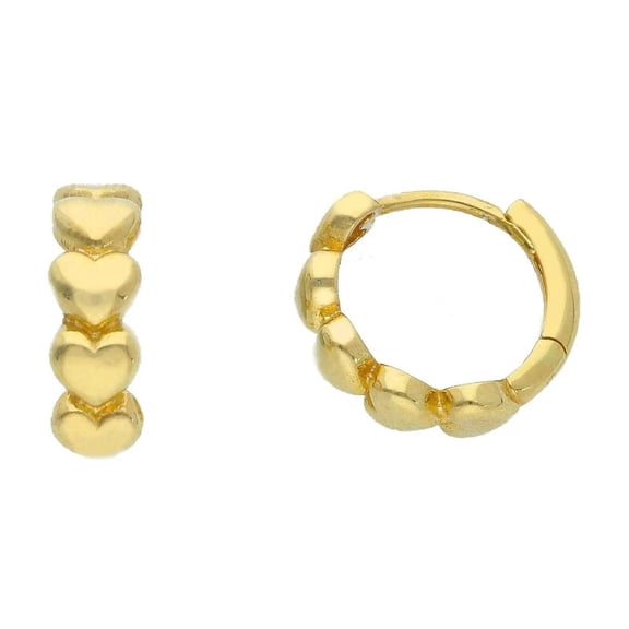 18K Solid Yellow Gold Polished Hearts Hinged Hoop Huggie Earrings
