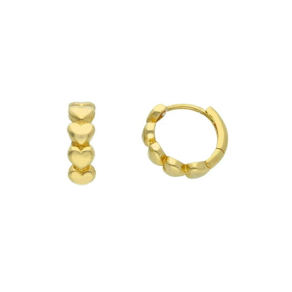 18K Solid Yellow Gold Polished Hearts Hinged Hoop Huggie Earrings