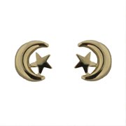 18K Solid Yellow Gold Polished Moon and Star Covered Screwback Earrings