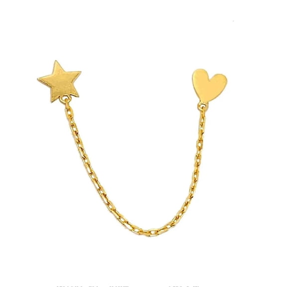18K Solid Yellow Gold Polished Star and Heart Chained Studs Earring