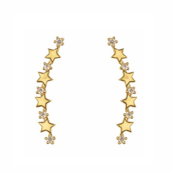 18K Solid Yellow Gold Polished Stars and Zirconias Crawler Post Earrings