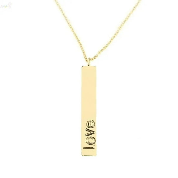 18K Solid Yellow Gold Polished Vertical 1 inch Plate engrave Love 16 inches Necklace with extra rings starting at 15 inches